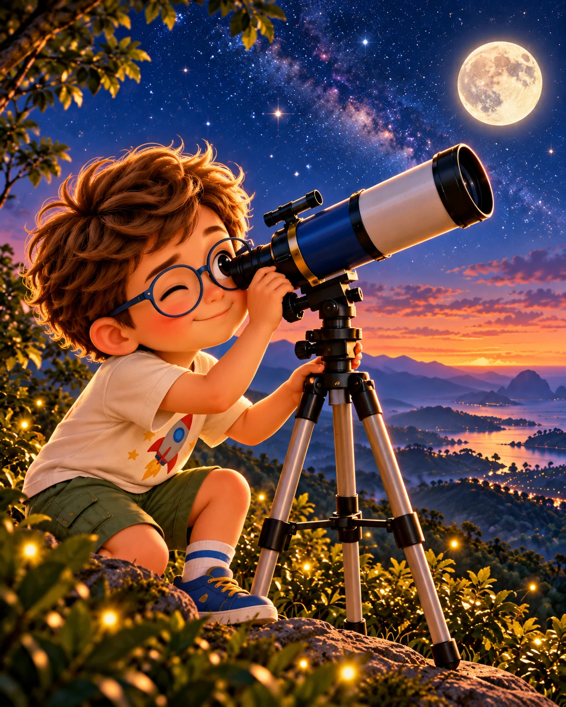 João Paulo observa o céu com um telescópio ao entardecer