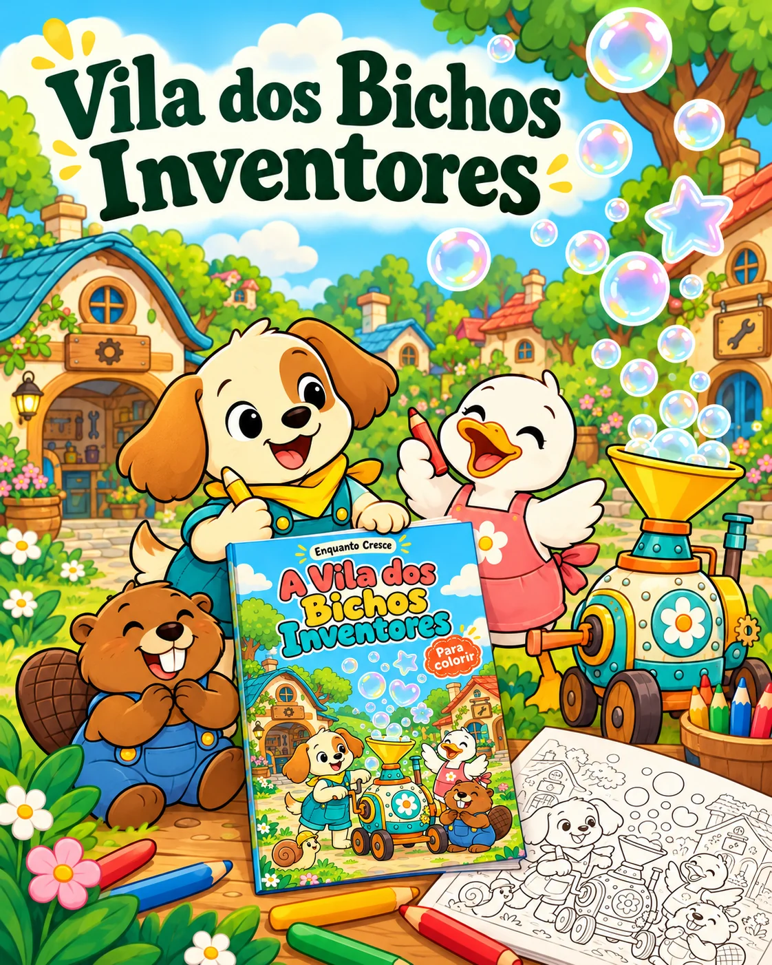 A Vila dos Bichos Inventores, com animais, lápis de cor e um livro para colorir