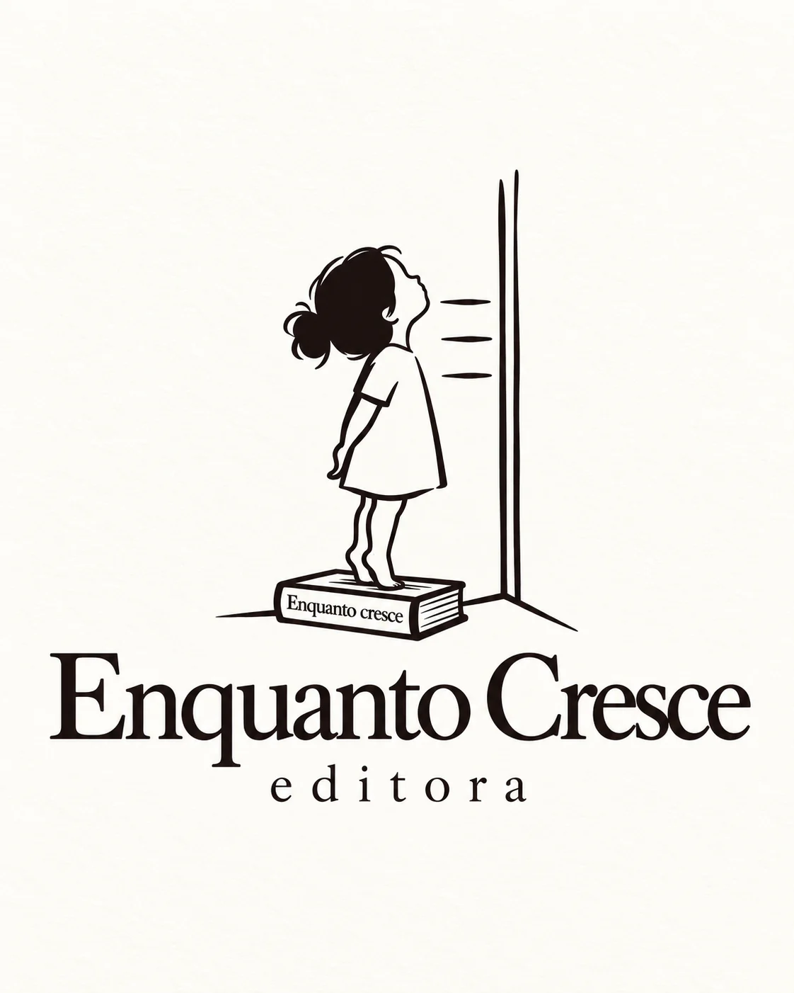 Logotipo Enquanto Cresce editora: a menina sobre um livro, diante das marcas de altura