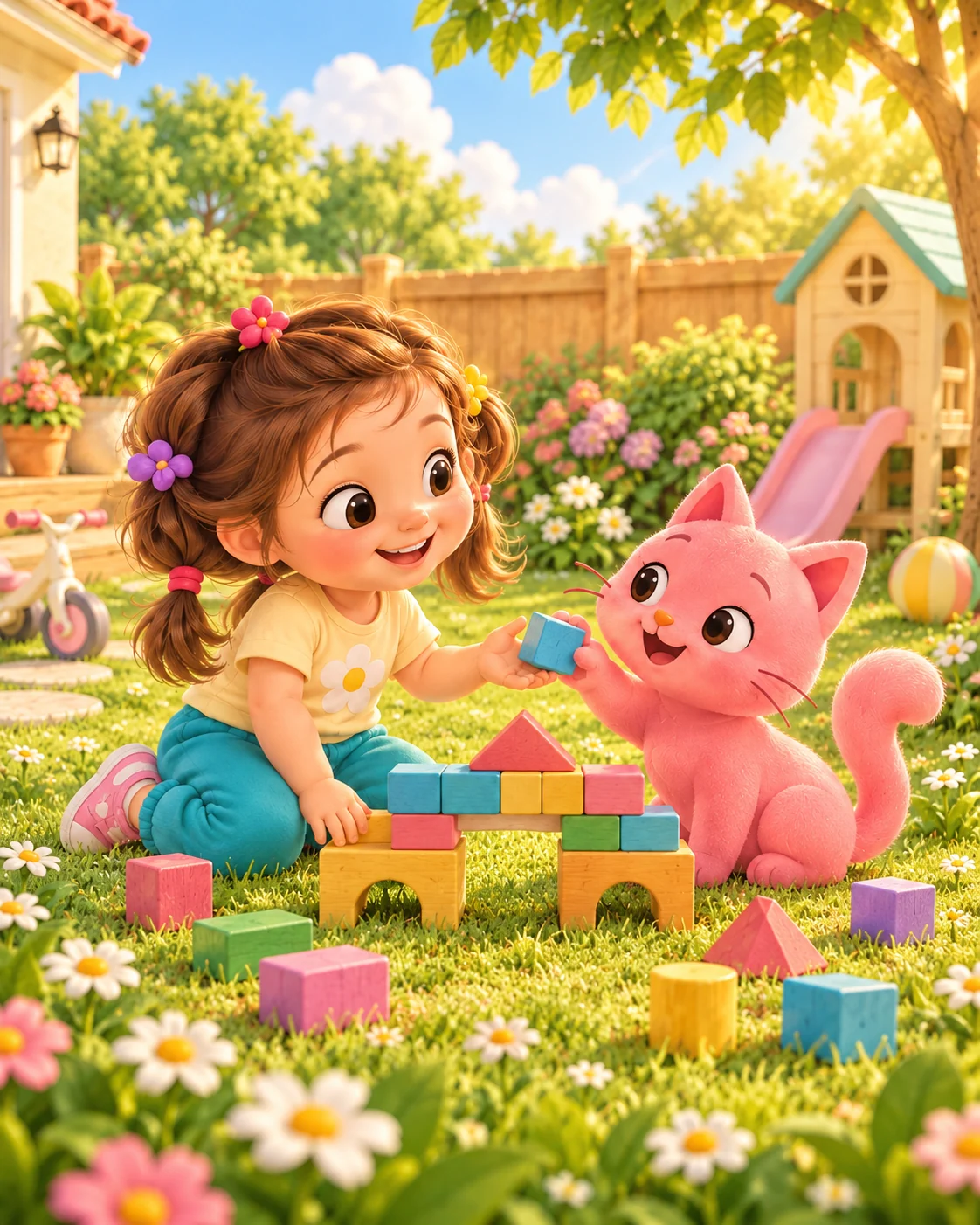 Alice e Gatinha inventam uma brincadeira com blocos no jardim