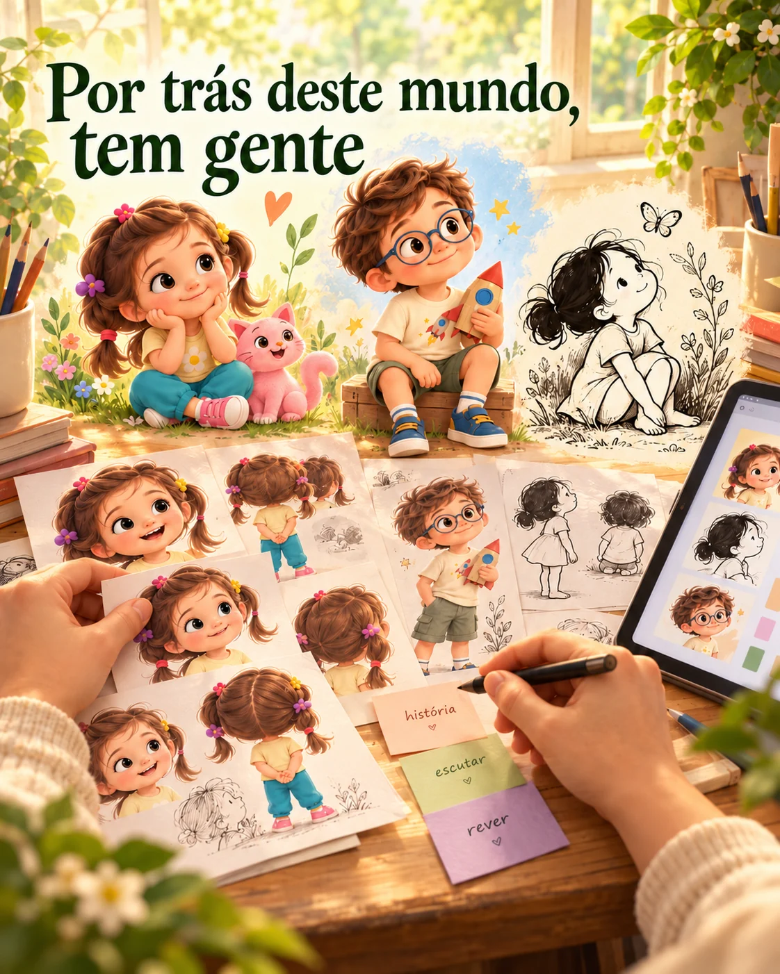 Bastidores ilustrados da criação dos personagens e das histórias da editora
